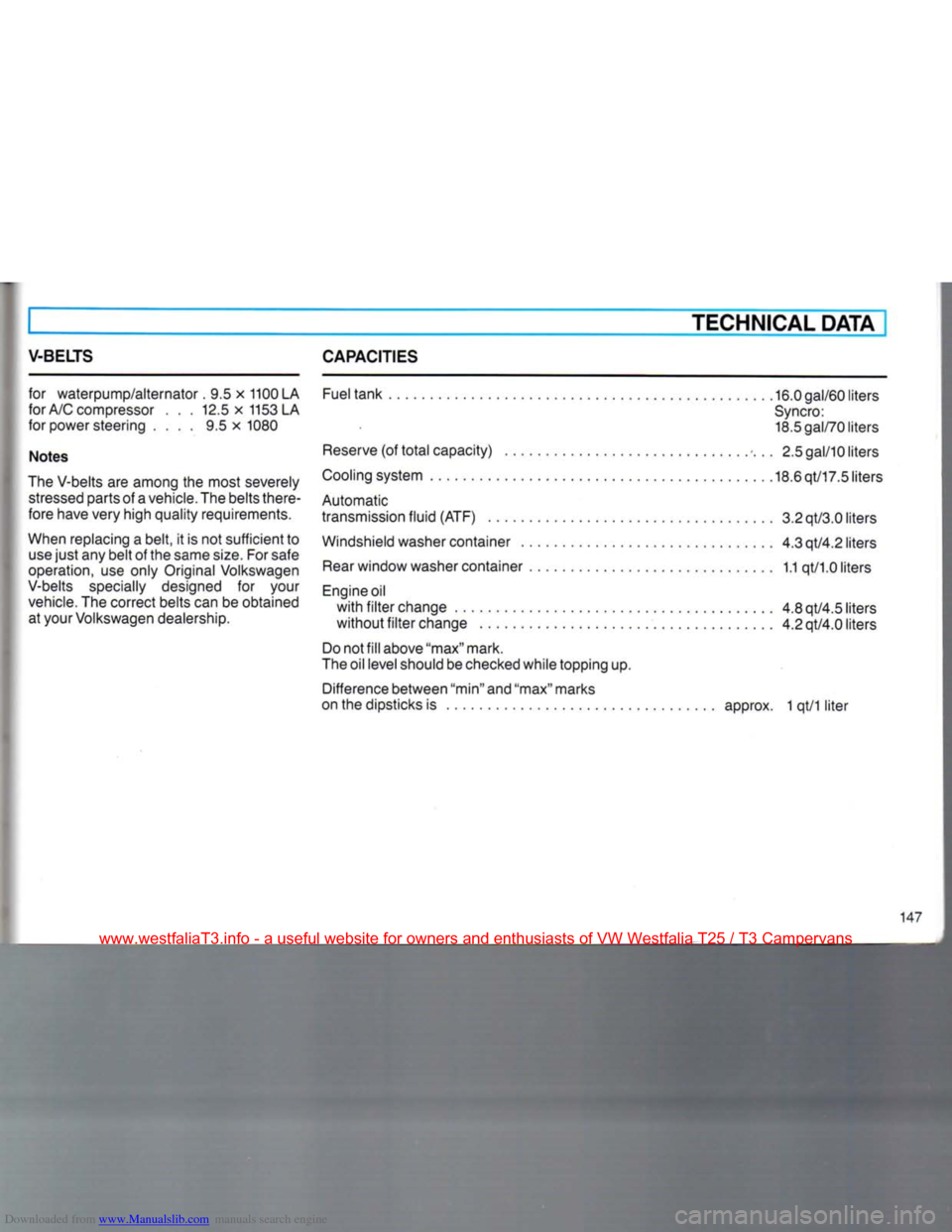 VOLKSWAGEN TRANSPORTER 1990 T4 / 4.G Owners Manual Downloaded from www.Manualslib.com manuals search engine 
TECHNICAL DATA 

V-BELTS
 CAPACITIES 
for waterpump/alternator. 9.5 x 1100 LA
 Fuel
 tank 16.0 gal/60 liters 
for A/C compressor . . . 12.5x11