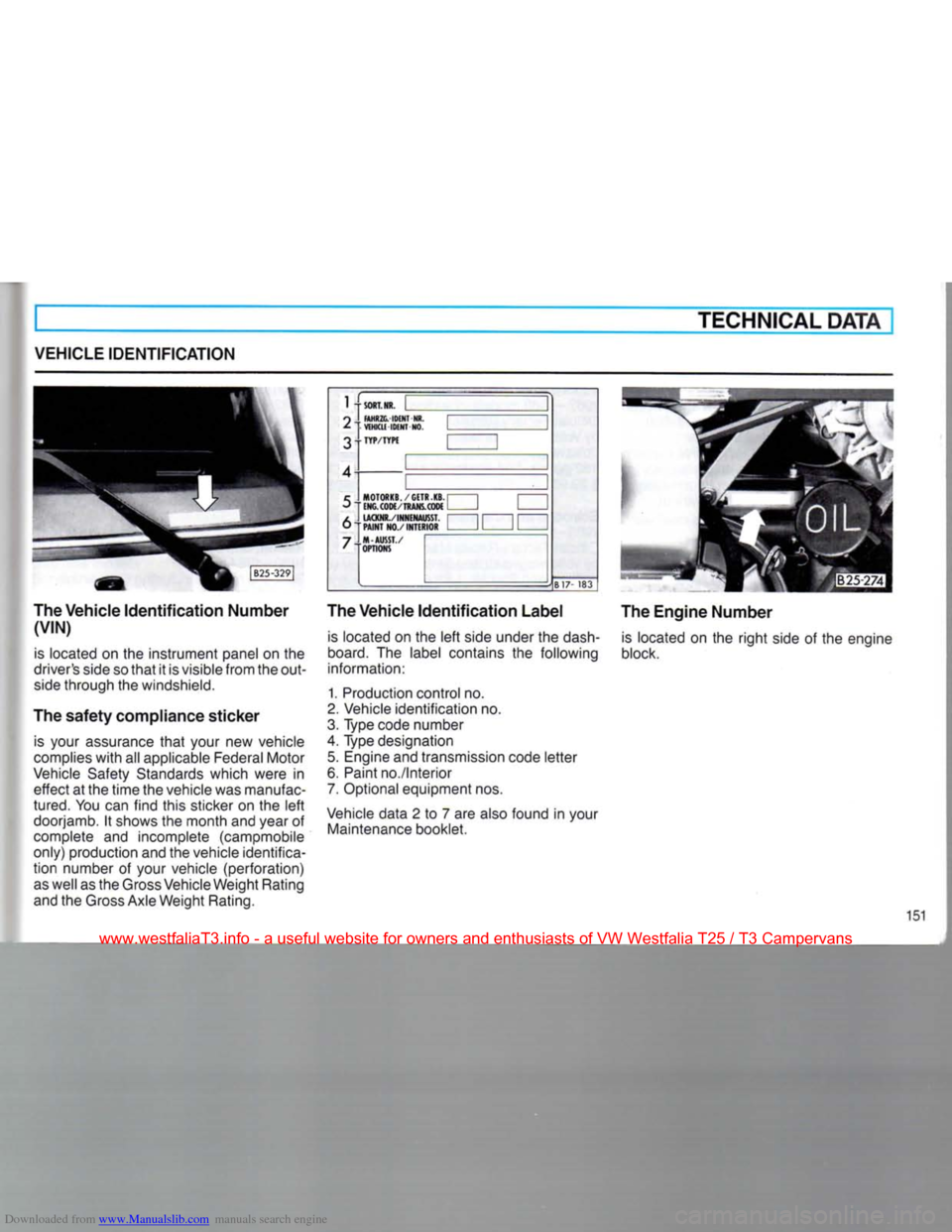 VOLKSWAGEN TRANSPORTER 1990 T4 / 4.G Owners Manual Downloaded from www.Manualslib.com manuals search engine 
TECHNICAL
 DATA 

VEHICLE
 IDENTIFICATION 

The
 Vehicle
 Identification
 Number 
 (VIN) 

is
 located on the instrument panel on the 
driver