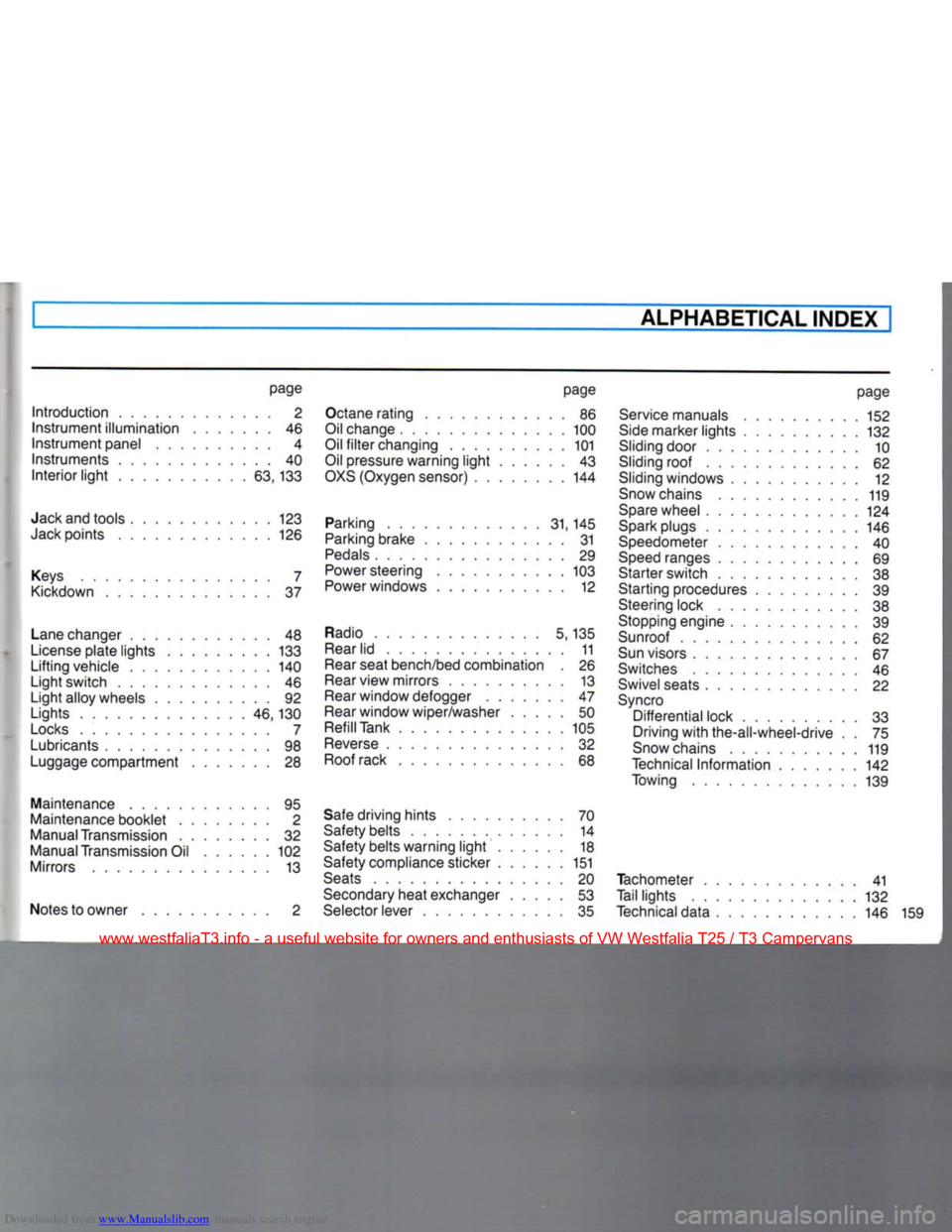 VOLKSWAGEN TRANSPORTER 1990 T4 / 4.G Owners Manual Downloaded from www.Manualslib.com manuals search engine 
ALPHABETICAL INDEX 
page 
Introduction 2 
Instrument illumination 46 
Instrument panel 4  Instruments 40 
Interior light 63,133 
Jack and tool