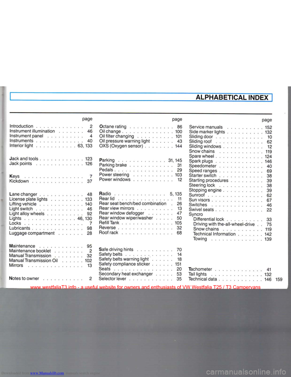 VOLKSWAGEN TRANSPORTER 1990 T4 / 4.G Owners Manual Downloaded from www.Manualslib.com manuals search engine
ALPHABETICAL INDEX
page
Introduction 2
Instrument illumination 46
Instrument panel 4 Instruments 40
Interior light 63,133
Jack and tool VOLKSWAGEN TRANSPORTER 1990 T4 / 4.G Owners Manual Downloaded from www.Manualslib.com manuals search engine
ALPHABETICAL INDEX
page
Introduction 2
Instrument illumination 46
Instrument panel 4 Instruments 40
Interior light 63,133
Jack and tool