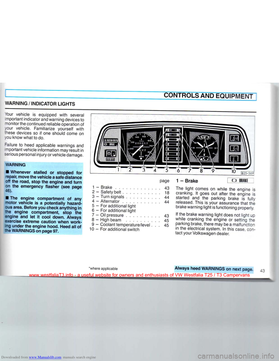 VOLKSWAGEN TRANSPORTER 1990 T4 / 4.G Service Manual Downloaded from www.Manualslib.com manuals search engine 
CONTROLS
 AND
 EQUIPMENT 

WARNING
 / INDICATOR
 LIGHTS 

1 2 3 4 5 6 7 8 
your vehicle is equipped
 with
 several 
•nportant indicator and 