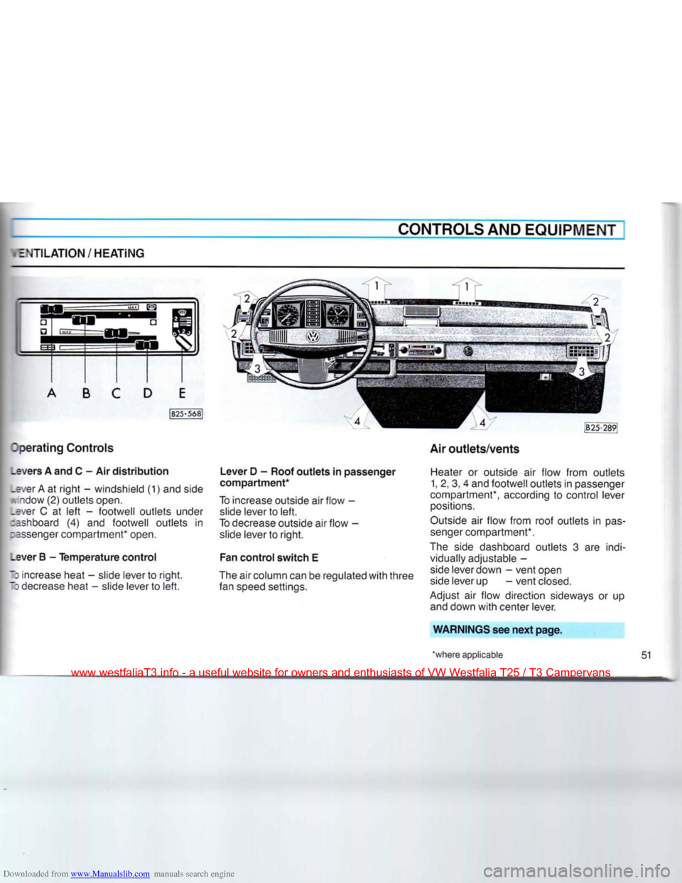 VOLKSWAGEN TRANSPORTER 1990 T4 / 4.G Owners Manual Downloaded from www.Manualslib.com manuals search engine 
EMULATION/HEATING 

CONTROLS
 AND EQUIPMENT 
I
 perating
 Controls 

_evers
 A and C - Air
 distribution 

.ever A at
 right
 - windshield (1)