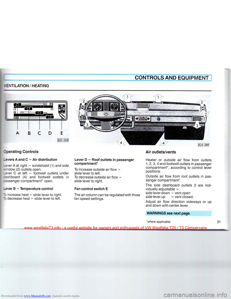 VOLKSWAGEN TRANSPORTER 1990 T4 / 4.G Owners Manual Downloaded from www.Manualslib.com manuals search engine
EMULATION/HEATING
CONTROLS
AND EQUIPMENT
I
perating
Controls
_evers
A and C - Air
distribution
.ever A at
right
- windshield (1) VOLKSWAGEN TRANSPORTER 1990 T4 / 4.G Owners Manual Downloaded from www.Manualslib.com manuals search engine
EMULATION/HEATING
CONTROLS
AND EQUIPMENT
I
perating
Controls
_evers
A and C - Air
distribution
.ever A at
right
- windshield (1)