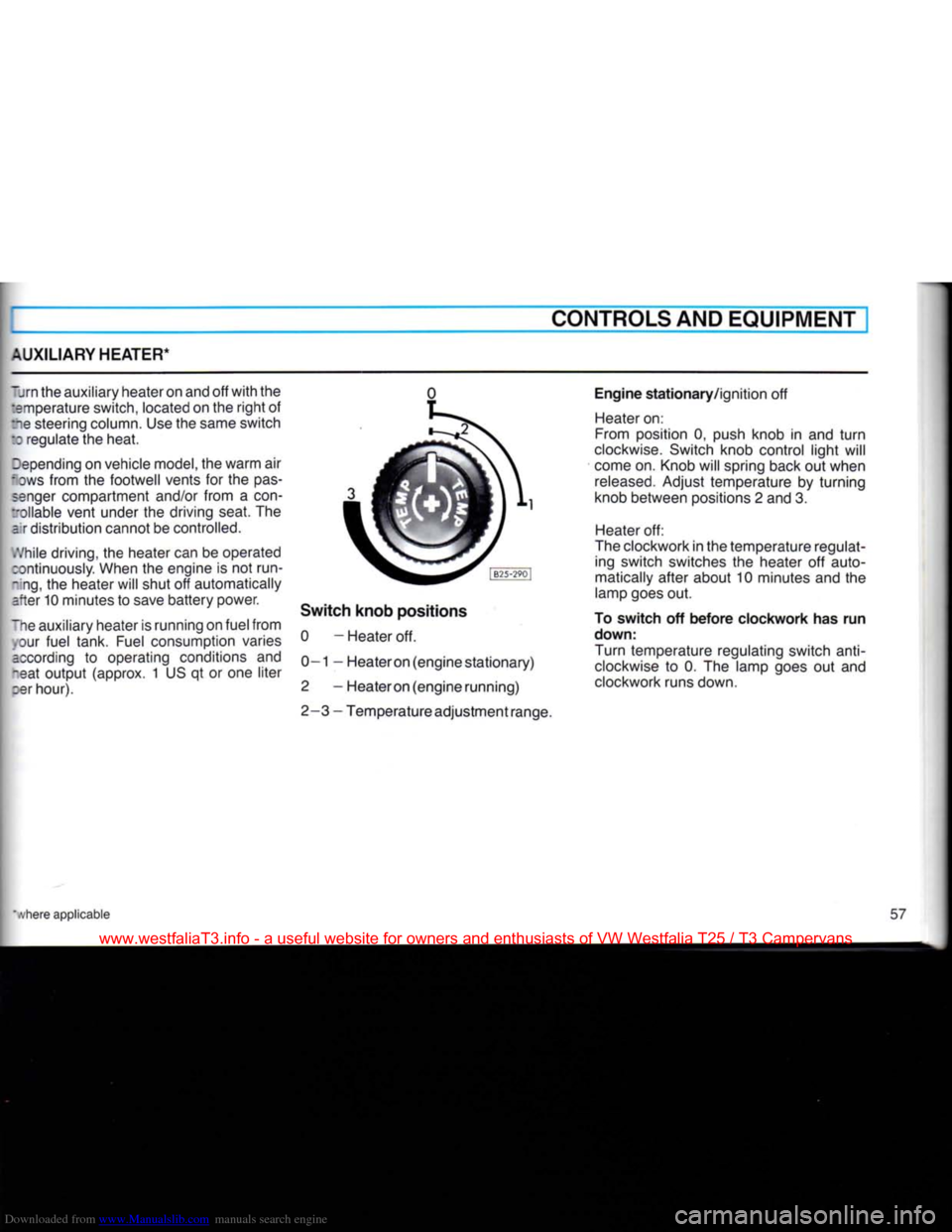 VOLKSWAGEN TRANSPORTER 1990 T4 / 4.G Workshop Manual Downloaded from www.Manualslib.com manuals search engine 
AUXILIARY HEATER* 
CONTROLS AND EQUIPMENT 
~jrn the auxiliary heater on and off with the  :amperature switch, located on the right of 
fee ste