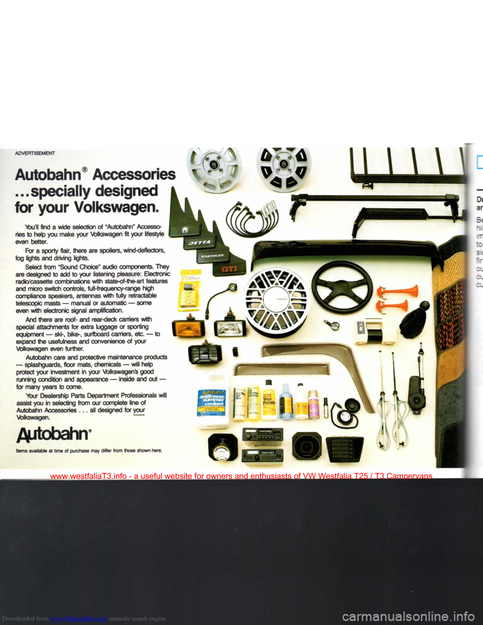 VOLKSWAGEN TRANSPORTER 1990 T4 / 4.G Manual Online Downloaded from www.Manualslib.com manuals search engine
ADVERTISEMENT
Autobahn®
Accessories ...specially designed
for
your
Volkswagen.
Youll find
a
wide selection
of
"Autobahn" Access VOLKSWAGEN TRANSPORTER 1990 T4 / 4.G Manual Online Downloaded from www.Manualslib.com manuals search engine
ADVERTISEMENT
Autobahn®
Accessories ...specially designed
for
your
Volkswagen.
Youll find
a
wide selection
of
"Autobahn" Access