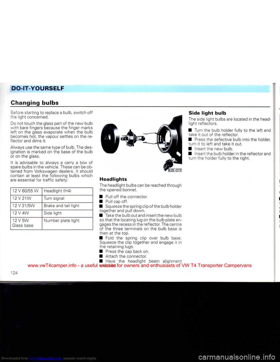 VOLKSWAGEN CARAVELLE 1992 T4 / 4.G Owners Manual Downloaded from www.Manualslib.com manuals search engine
DO-IT-YOURSELF
Changing bulbs
Before
starting to replace a bulb, switch off
the light concerned.
Do
not touch the glass part of the ne VOLKSWAGEN CARAVELLE 1992 T4 / 4.G Owners Manual Downloaded from www.Manualslib.com manuals search engine
DO-IT-YOURSELF
Changing bulbs
Before
starting to replace a bulb, switch off
the light concerned.
Do
not touch the glass part of the ne