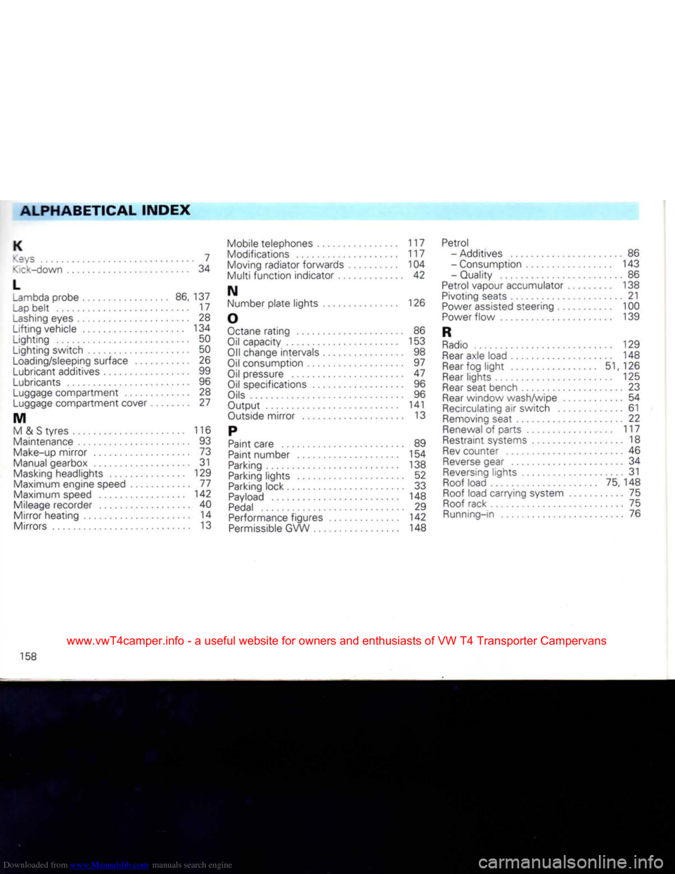 VOLKSWAGEN CARAVELLE 1992 T4 / 4.G Owners Manual Downloaded from www.Manualslib.com manuals search engine
ALPHABETICAL
INDEX
K
Keys
7
<!ck-down
34
L
^ambda probe 86, 137
Lap
belt 17
Lashing
eyes 28 Lifting vehicle 134
Lighting 5 VOLKSWAGEN CARAVELLE 1992 T4 / 4.G Owners Manual Downloaded from www.Manualslib.com manuals search engine
ALPHABETICAL
INDEX
K
Keys
7
<!ck-down
34
L
^ambda probe 86, 137
Lap
belt 17
Lashing
eyes 28 Lifting vehicle 134
Lighting 5