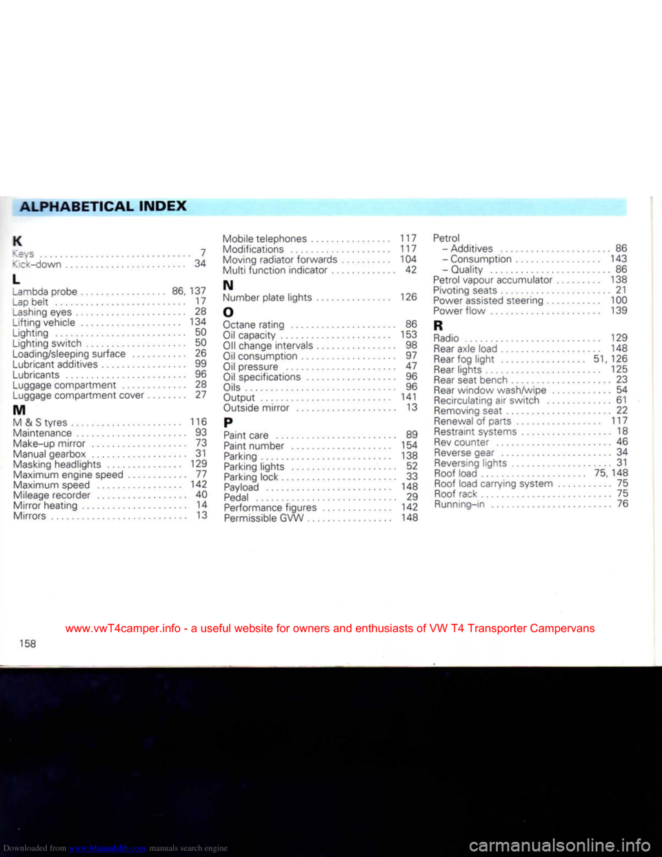 VOLKSWAGEN TRANSPORTER 1992 T4 / 4.G Owners Manual Downloaded from www.Manualslib.com manuals search engine 
ALPHABETICAL
 INDEX 

K 

Keys
 7 
 <!ck-down
 34 

L 

^ambda probe 86, 137 

Lap
 belt 17 

Lashing
 eyes 28 Lifting vehicle 134 
Lighting 5
