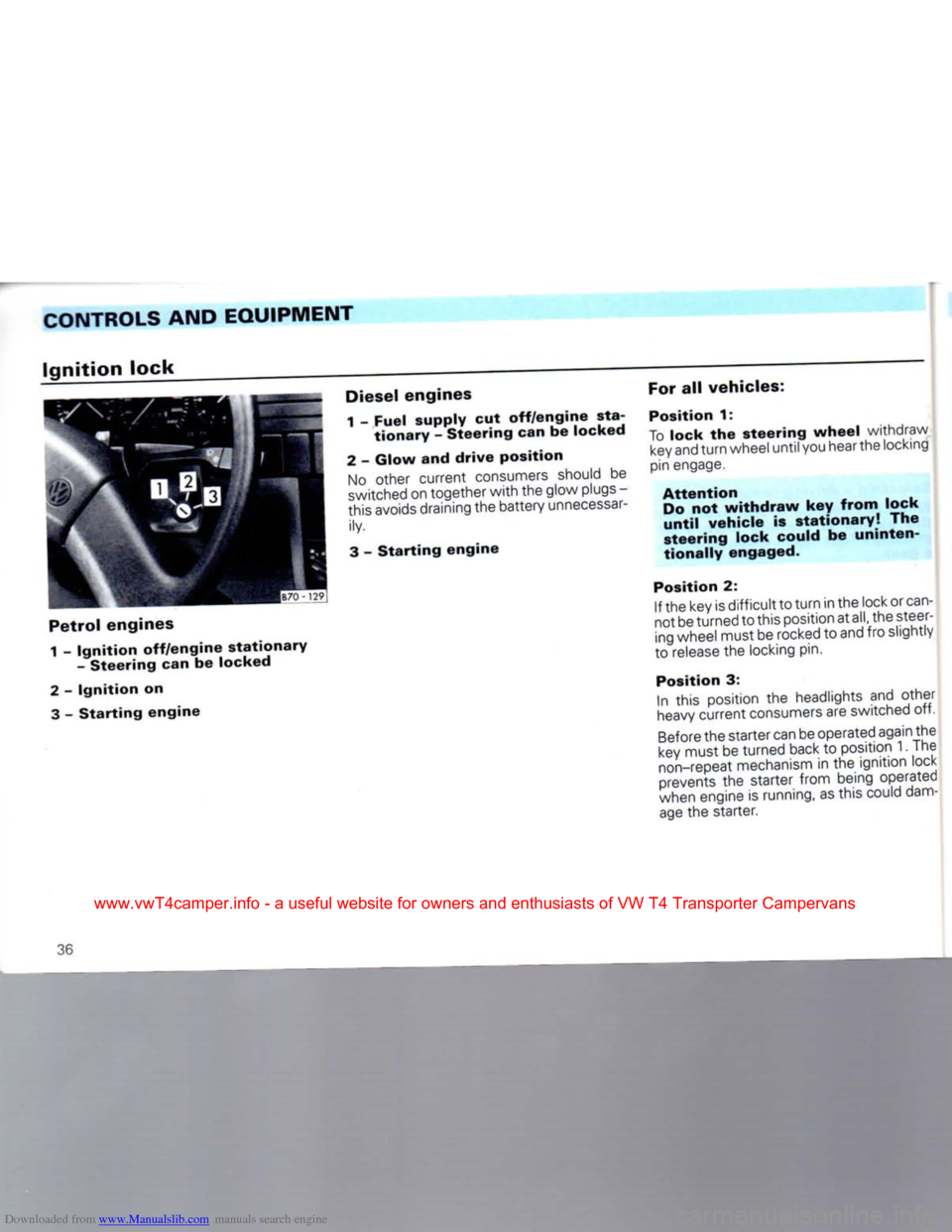 VOLKSWAGEN CARAVELLE 1992 T4 / 4.G Owners Guide Downloaded from www.Manualslib.com manuals search engine 
CONTROLS
 AND EQUIPMENT 
Ignition
 lock 

Petrol
 engines 
 1 -
 Ignition
 off/engine
 stationary 

-
 Steering
 can be
 locked 
2
 -
 Ignitio