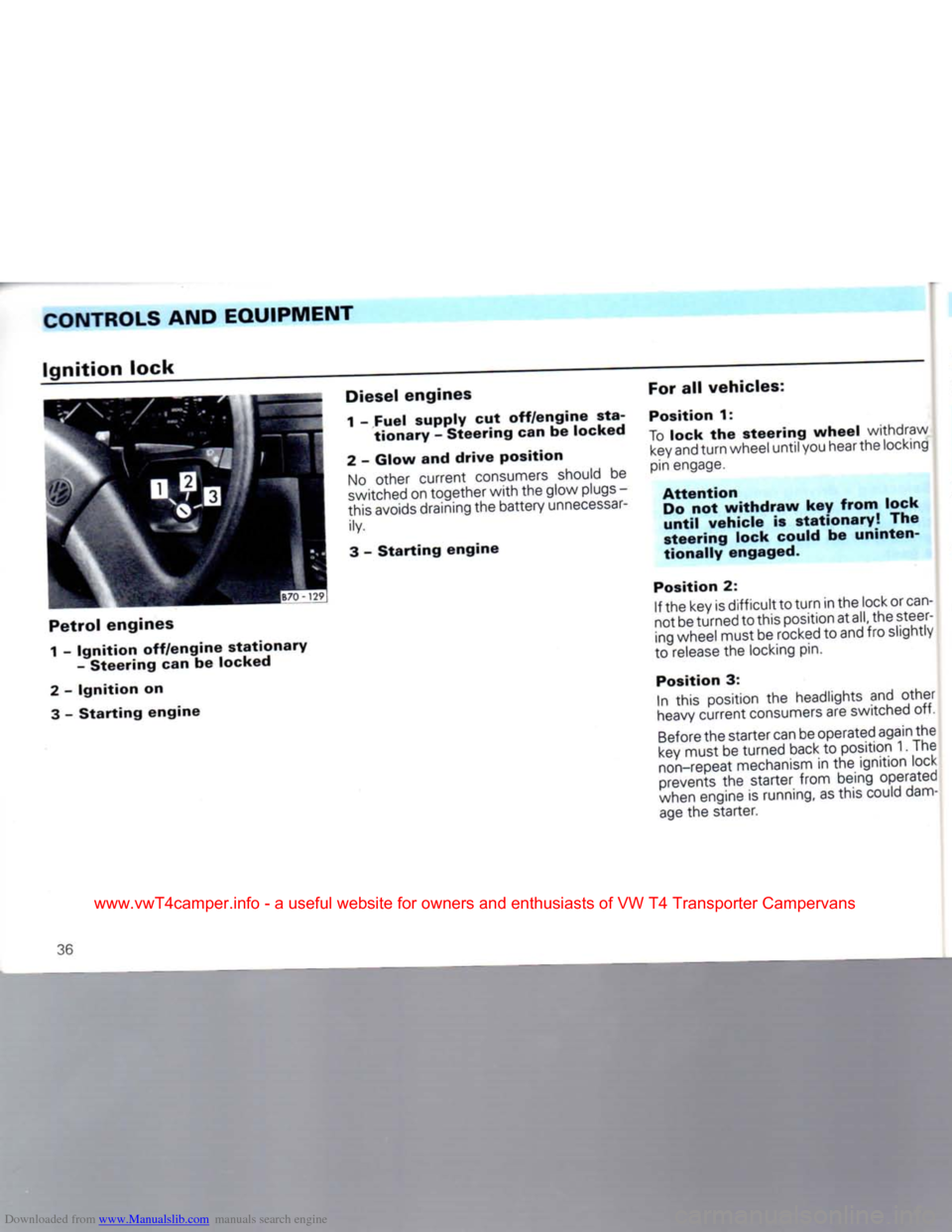 VOLKSWAGEN TRANSPORTER 1992 T4 / 4.G Owners Guide Downloaded from www.Manualslib.com manuals search engine
CONTROLS
AND EQUIPMENT
Ignition
lock
Petrol
engines
1 -
Ignition
off/engine
stationary
-
Steering
can be
locked
2
-
Ignitio VOLKSWAGEN TRANSPORTER 1992 T4 / 4.G Owners Guide Downloaded from www.Manualslib.com manuals search engine
CONTROLS
AND EQUIPMENT
Ignition
lock
Petrol
engines
1 -
Ignition
off/engine
stationary
-
Steering
can be
locked
2
-
Ignitio