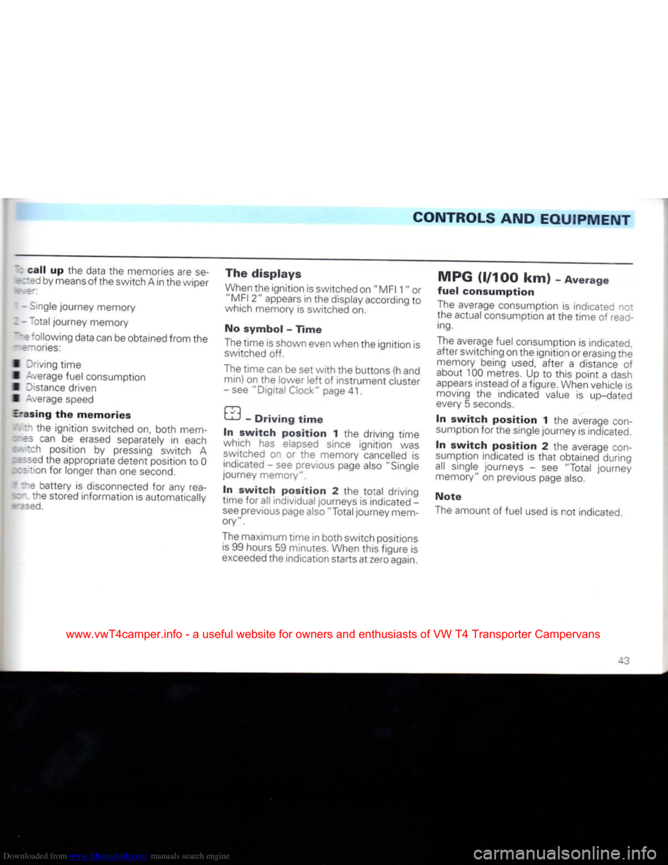 VOLKSWAGEN TRANSPORTER 1992 T4 / 4.G Service Manual Downloaded from www.Manualslib.com manuals search engine
CONTROLS AND EQUIPMENT
call up the data the memories are se-
r ::ed by means of the switch A in the wiper
- Single journey memory
- - Tota VOLKSWAGEN TRANSPORTER 1992 T4 / 4.G Service Manual Downloaded from www.Manualslib.com manuals search engine
CONTROLS AND EQUIPMENT
call up the data the memories are se-
r ::ed by means of the switch A in the wiper
- Single journey memory
- - Tota