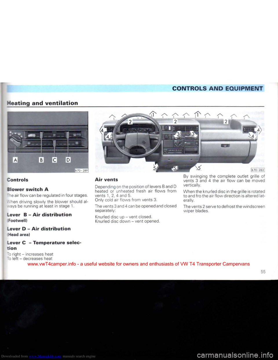 VOLKSWAGEN CARAVELLE 1992 T4 / 4.G Workshop Manual Downloaded from www.Manualslib.com manuals search engine
CONTROLS
AND
EQUIPMENT
Heating
and
ventilation
Controls
Blower
switch
A
~~e air flow can be regulated in four stages.
.hen
dri VOLKSWAGEN CARAVELLE 1992 T4 / 4.G Workshop Manual Downloaded from www.Manualslib.com manuals search engine
CONTROLS
AND
EQUIPMENT
Heating
and
ventilation
Controls
Blower
switch
A
~~e air flow can be regulated in four stages.
.hen
dri