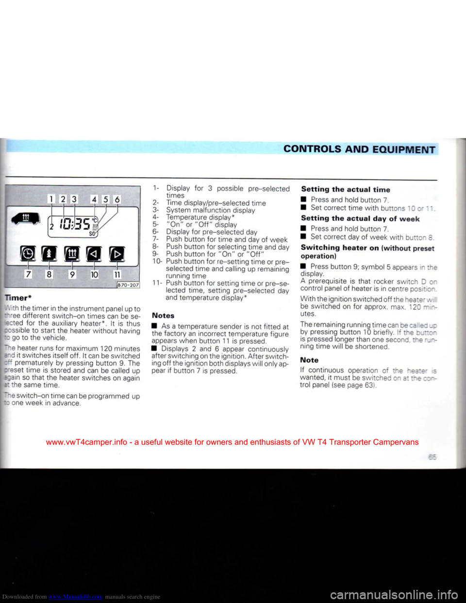 VOLKSWAGEN TRANSPORTER 1992 T4 / 4.G Owners Manual Downloaded from www.Manualslib.com manuals search engine 
CONTROLS
 AND EQUIPMENT 

12
 3 4 5 6  m.bc
 "fy 

7 8 9 10 111 

Timer* 
 . ih the timer in the instrument panel up to 
r-ee different switc