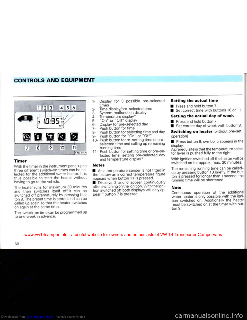 VOLKSWAGEN CARAVELLE 1992 T4 / 4.G Repair Manual Downloaded from www.Manualslib.com manuals search engine
CONTROLS
AND EQUIPMENT
1 2 3 4 5 6
7 8 9 10 11
Timer
With the timer in the instrument panel up to
three different switch-on times can VOLKSWAGEN CARAVELLE 1992 T4 / 4.G Repair Manual Downloaded from www.Manualslib.com manuals search engine
CONTROLS
AND EQUIPMENT
1 2 3 4 5 6
7 8 9 10 11
Timer
With the timer in the instrument panel up to
three different switch-on times can