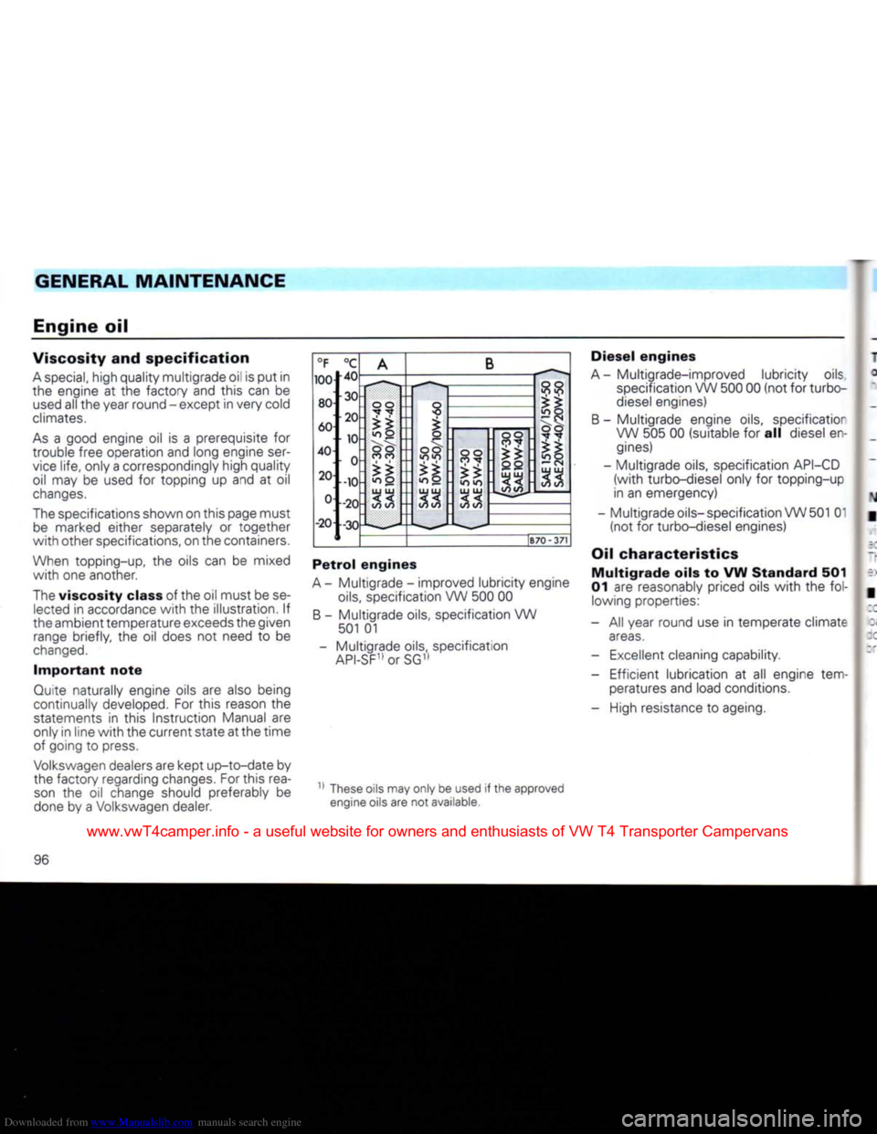 VOLKSWAGEN CARAVELLE 1992 T4 / 4.G Owners Manual Downloaded from www.Manualslib.com manuals search engine 
GENERAL
 MAINTENANCE 
Engine oil 
 T 

Viscosity and
 specification 

A
 special,
 high quality multigrade oil is put in 
the engine at the fa