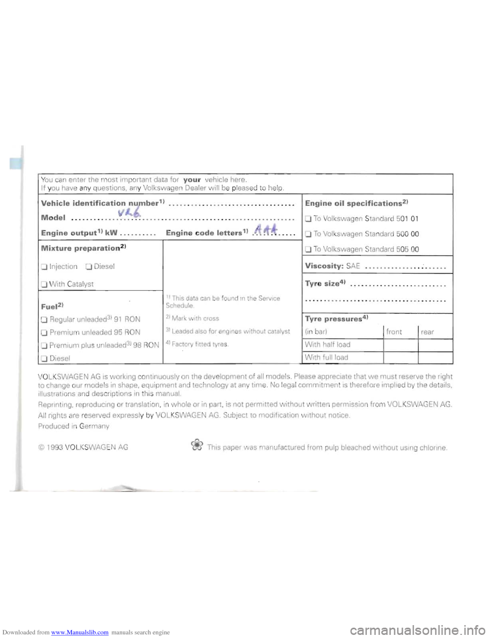 VOLKSWAGEN GOLF 1993 1H / 3.G Owners Manual Downloaded from www.Manualslib.com manuals search engine You can enter the most important  data for your vehicle  here . 
If  you  have  any Questions, 
any Volkswagen  Dealer will be pleas ed to  hel