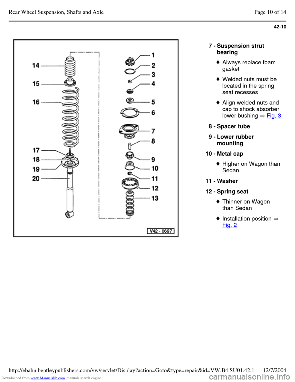 VOLKSWAGEN PASSAT 1995 B3, B4 / 3.G Service Owners Manual Downloaded from www.Manualslib.com manuals search engine 42-10
7 - Suspension strut
bearing Always replace foam
gasket Welded nuts must be
located in the spring
seat recesses Align welded n VOLKSWAGEN PASSAT 1995 B3, B4 / 3.G Service Owners Manual Downloaded from www.Manualslib.com manuals search engine 42-10
7 - Suspension strut
bearing Always replace foam
gasket Welded nuts must be
located in the spring
seat recesses Align welded n