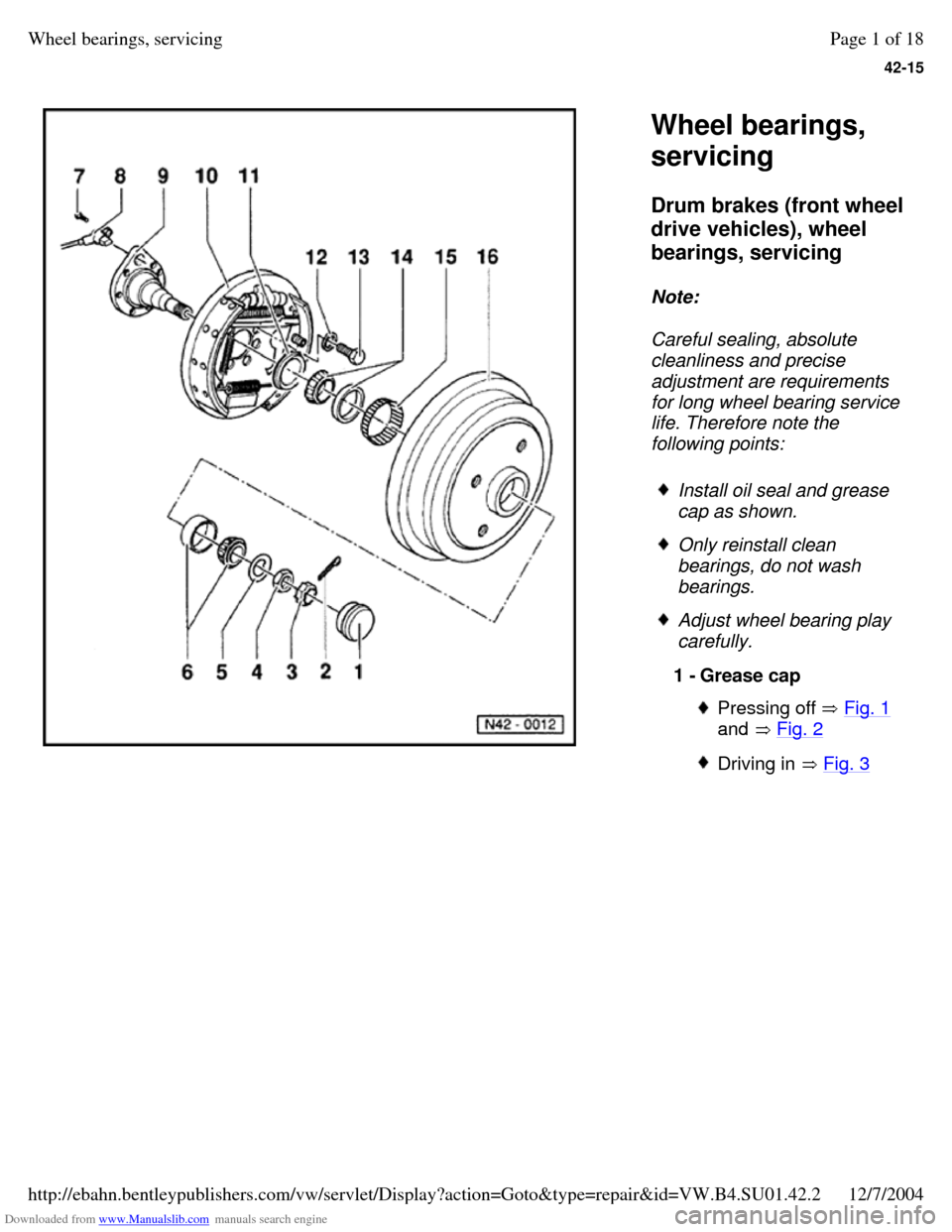 VOLKSWAGEN PASSAT 1996 B3, B4 / 3.G Service Workshop Manual Downloaded from www.Manualslib.com manuals search engine 42-15
   
Wheel bearings, 
servicing 
Drum brakes (front wheel 
drive vehicles), wheel 
bearings, servicing  
Note:  
Careful sealing, absolute