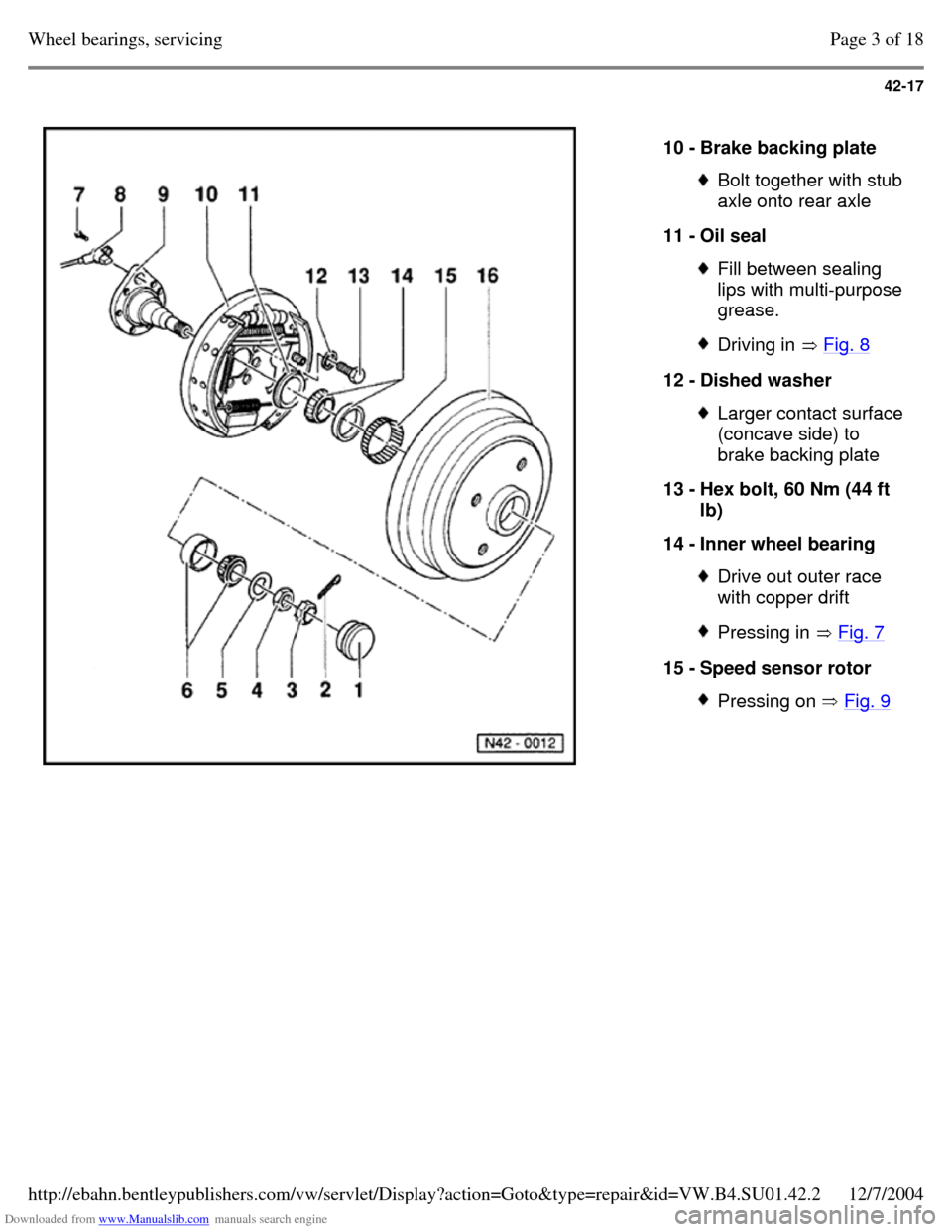 VOLKSWAGEN PASSAT 1995 B3, B4 / 3.G Service Workshop Manual Downloaded from www.Manualslib.com manuals search engine 42-17
10 - Brake backing plate Bolt together with stub
axle onto rear axle
11 - Oil seal Fill between sealing
lips with multi-purpose VOLKSWAGEN PASSAT 1995 B3, B4 / 3.G Service Workshop Manual Downloaded from www.Manualslib.com manuals search engine 42-17
10 - Brake backing plate Bolt together with stub
axle onto rear axle
11 - Oil seal Fill between sealing
lips with multi-purpose