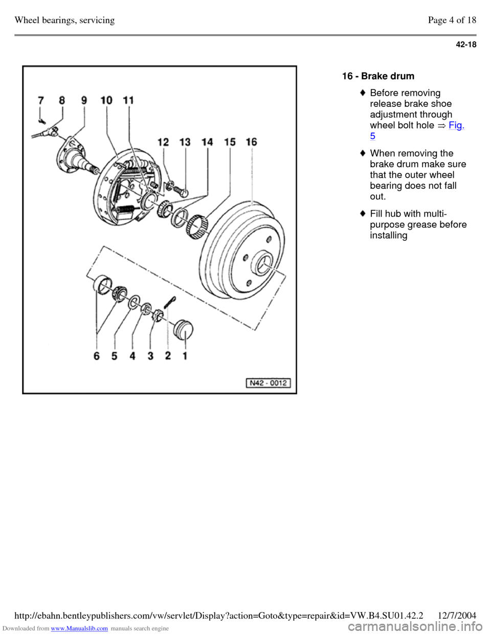 VOLKSWAGEN PASSAT 1996 B3, B4 / 3.G Service Workshop Manual Downloaded from www.Manualslib.com manuals search engine 42-18
   
16 - Brake drum  Before removing 
release brake shoe 
adjustment through 
wheel bolt hole  Fig. 5  When removing the 
brake drum make