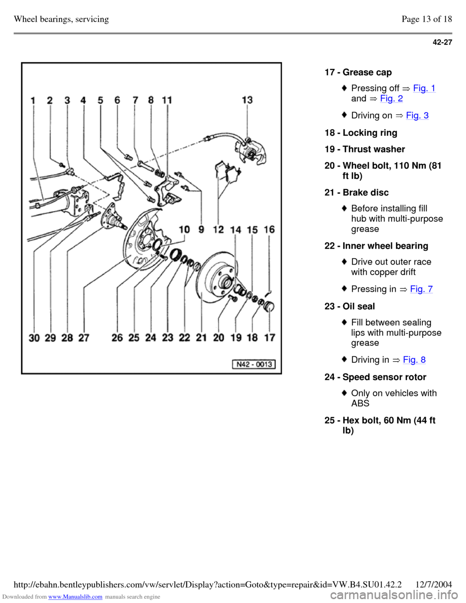 VOLKSWAGEN PASSAT 1995 B3, B4 / 3.G Service Workshop Manual Downloaded from www.Manualslib.com manuals search engine 42-27
17 - Grease cap Pressing off Fig. 1
and Fig. 2 Driving on Fig. 3 18 - Locking ring
19 - Thrust washer
20 - Wheel bolt, 110 Nm VOLKSWAGEN PASSAT 1995 B3, B4 / 3.G Service Workshop Manual Downloaded from www.Manualslib.com manuals search engine 42-27
17 - Grease cap Pressing off Fig. 1
and Fig. 2 Driving on Fig. 3 18 - Locking ring
19 - Thrust washer
20 - Wheel bolt, 110 Nm