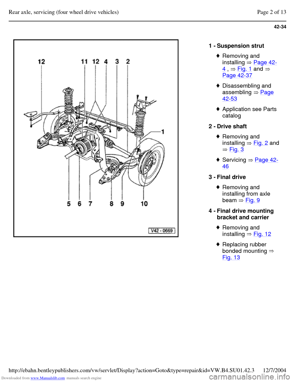 VOLKSWAGEN PASSAT 1995 B3, B4 / 3.G Service Workshop Manual Downloaded from www.Manualslib.com manuals search engine 42-34
1 - Suspension strut Removing and
installing Page 42-4 , Fig. 1 and
Page 42-37 Disassembling and
assembling Page 42-53 Appl VOLKSWAGEN PASSAT 1995 B3, B4 / 3.G Service Workshop Manual Downloaded from www.Manualslib.com manuals search engine 42-34
1 - Suspension strut Removing and
installing Page 42-4 , Fig. 1 and
Page 42-37 Disassembling and
assembling Page 42-53 Appl