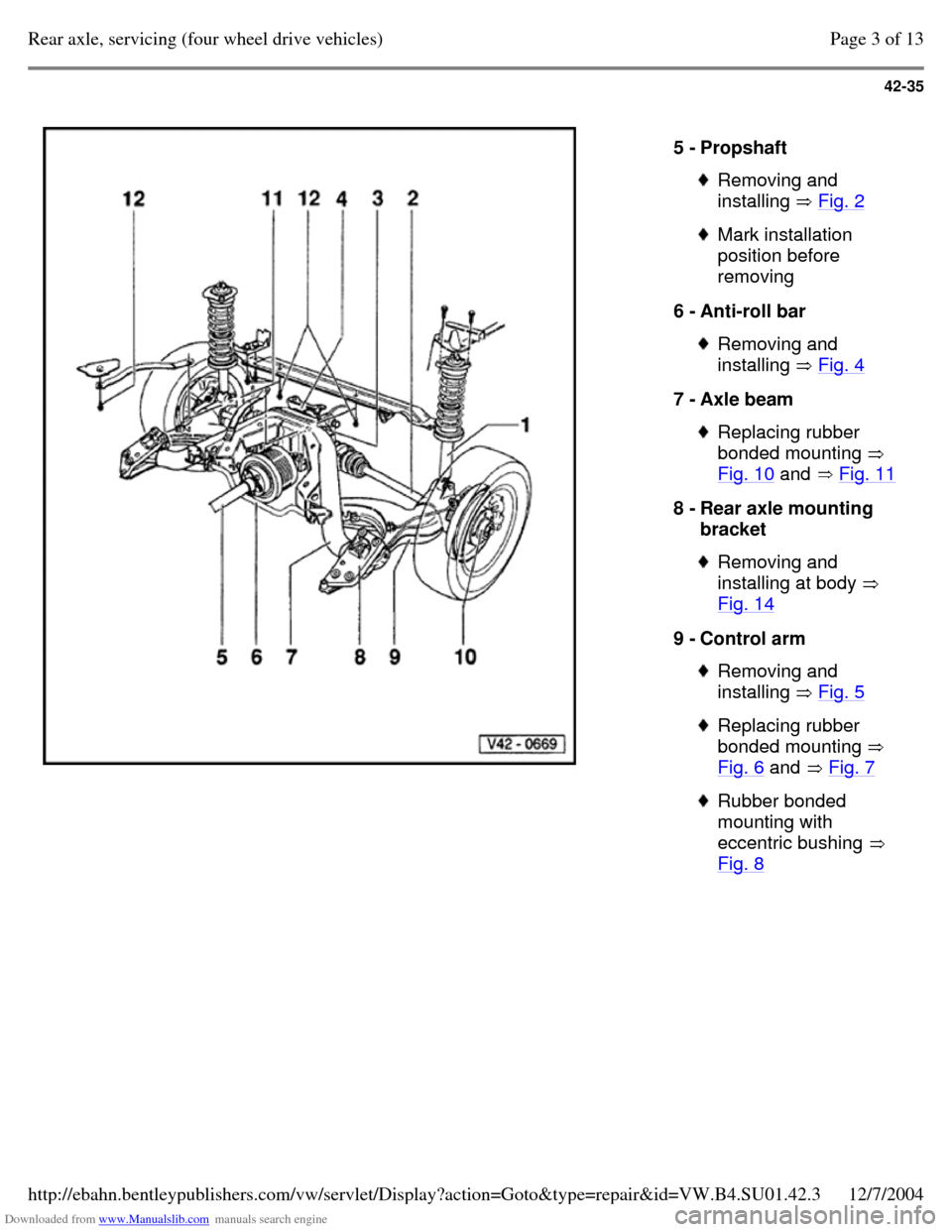 VOLKSWAGEN PASSAT 1995 B3, B4 / 3.G Service Workshop Manual Downloaded from www.Manualslib.com manuals search engine 42-35
5 - Propshaft Removing and
installing Fig. 2 Mark installation
position before
removing
6 - Anti-roll bar Removing and
insta VOLKSWAGEN PASSAT 1995 B3, B4 / 3.G Service Workshop Manual Downloaded from www.Manualslib.com manuals search engine 42-35
5 - Propshaft Removing and
installing Fig. 2 Mark installation
position before
removing
6 - Anti-roll bar Removing and
insta