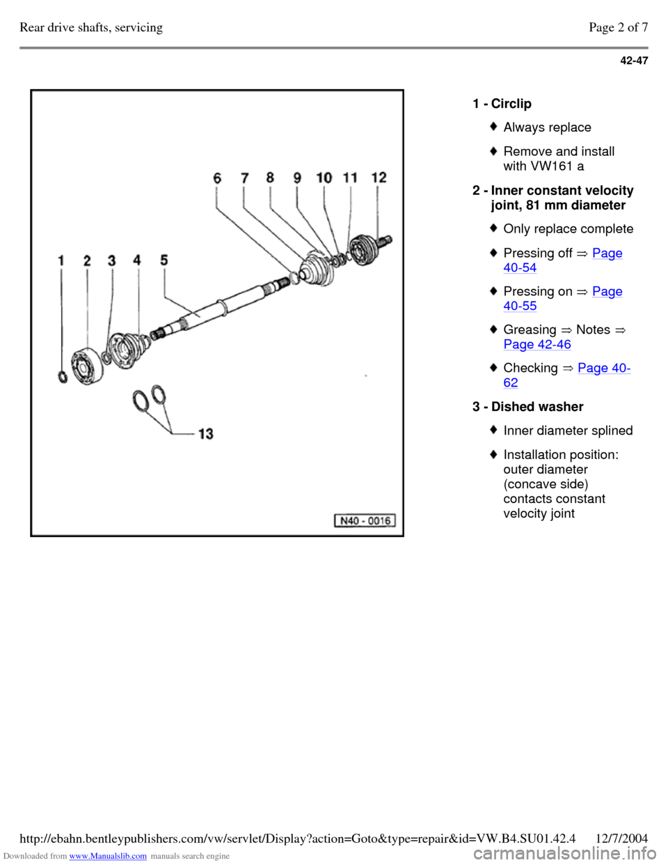 VOLKSWAGEN PASSAT 1995 B3, B4 / 3.G Service Workshop Manual Downloaded from www.Manualslib.com manuals search engine 42-47
1 - Circlip Always replace Remove and install
with VW161 a
2 - Inner constant velocity
joint, 81 mm diameter Only replace compl VOLKSWAGEN PASSAT 1995 B3, B4 / 3.G Service Workshop Manual Downloaded from www.Manualslib.com manuals search engine 42-47
1 - Circlip Always replace Remove and install
with VW161 a
2 - Inner constant velocity
joint, 81 mm diameter Only replace compl