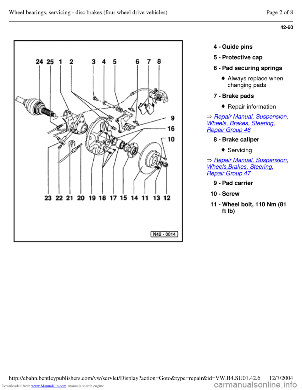 VOLKSWAGEN PASSAT 1995 B3, B4 / 3.G Service Workshop Manual Downloaded from www.Manualslib.com manuals search engine 42-60
   
 Repair Manual, Suspension, Wheels, Brakes, Steering, Repair Group 46 
 Repair Manual, Suspension, Wheels,Brakes, Steering, Repair Gr