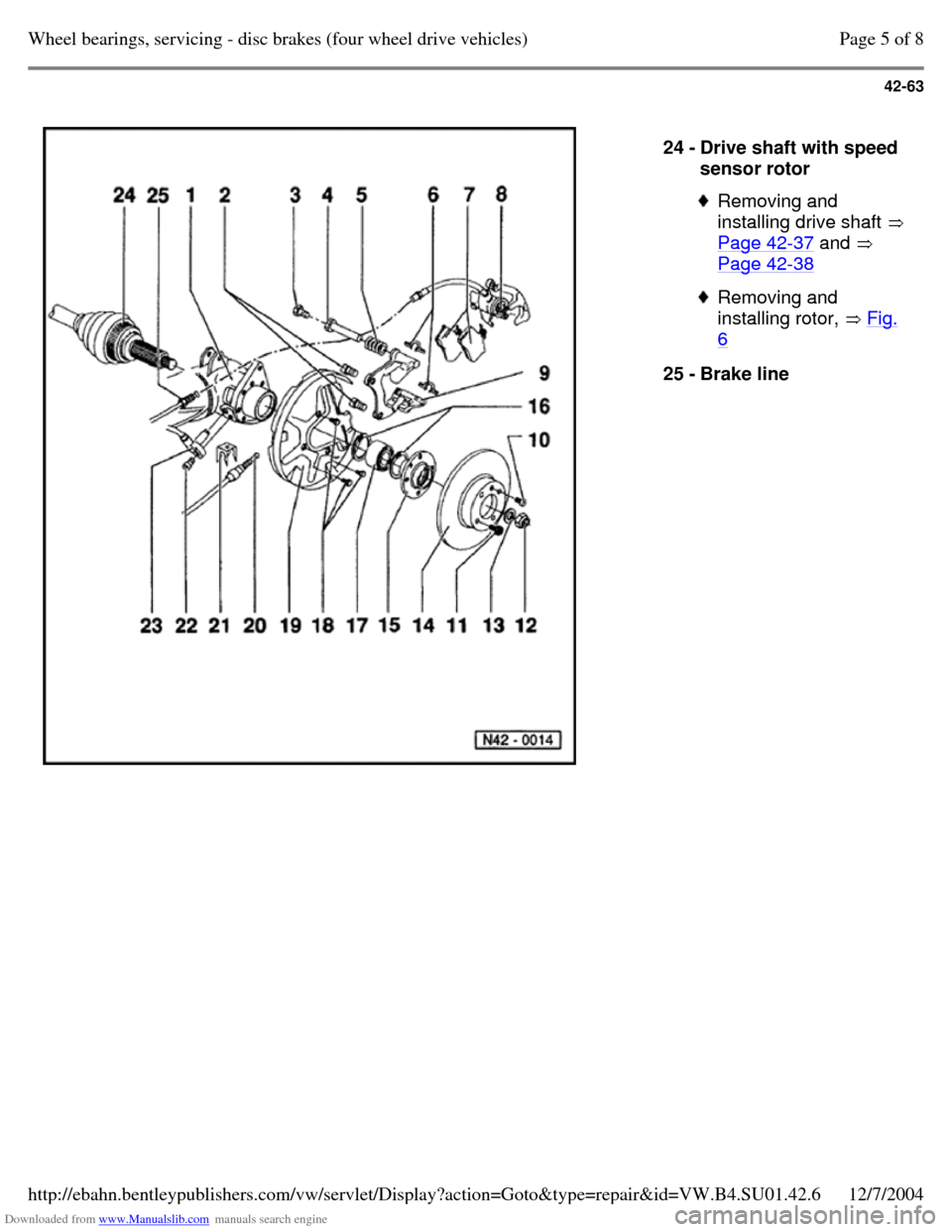 VOLKSWAGEN PASSAT 1995 B3, B4 / 3.G Service Workshop Manual Downloaded from www.Manualslib.com manuals search engine 42-63
   
24 - Drive shaft with speed 
sensor rotor  Removing and 
installing drive shaft  
Page 42-37 and  
Page 42-38  Removing and 
installi