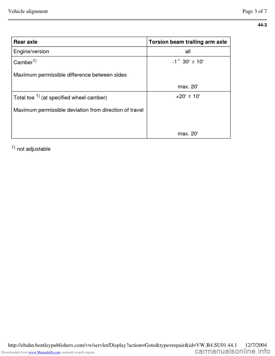 VOLKSWAGEN PASSAT 1995 B3, B4 / 3.G Service Workshop Manual Downloaded from www.Manualslib.com manuals search engine 44-3
 Rear axle  
Torsion beam trailing arm axle  
Engine/version  all  
Camber1)
  
Maximum permissible difference between sides  -1 30  10 