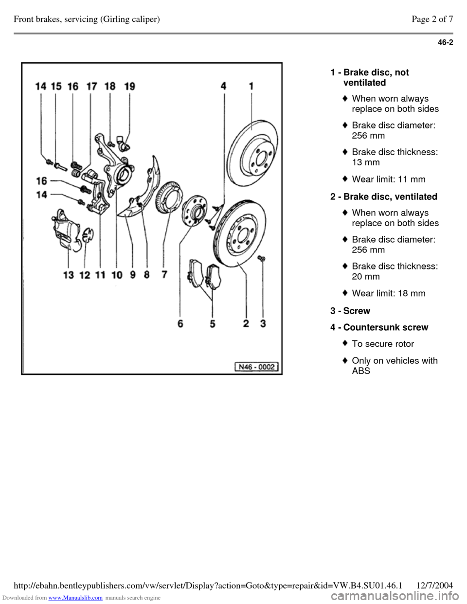 VOLKSWAGEN PASSAT 1995 B3, B4 / 3.G Service Workshop Manual Downloaded from www.Manualslib.com manuals search engine 46-2
   
1 - Brake disc, not 
ventilated  When worn always 
replace on both sides  Brake disc diameter: 
256 mm  Brake disc thickness: 
13 mm  