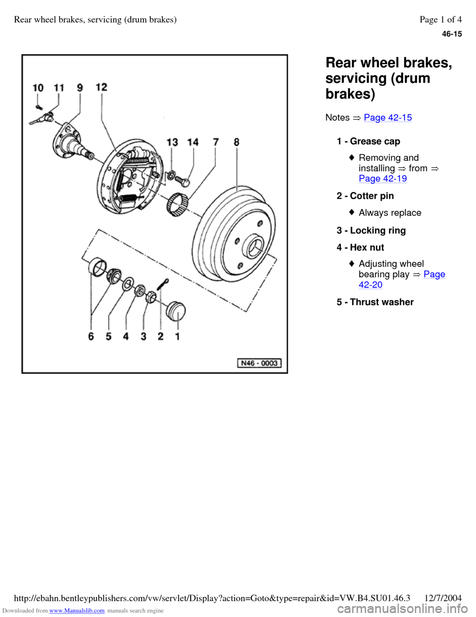 VOLKSWAGEN PASSAT 1996 B3, B4 / 3.G Service Workshop Manual Downloaded from www.Manualslib.com manuals search engine 46-15
   
Rear wheel brakes, 
servicing (drum 
brakes) 
Notes  Page 42-15   1 - Grease cap  Removing and 
installing  from  
Page 42-19 2 - Cot