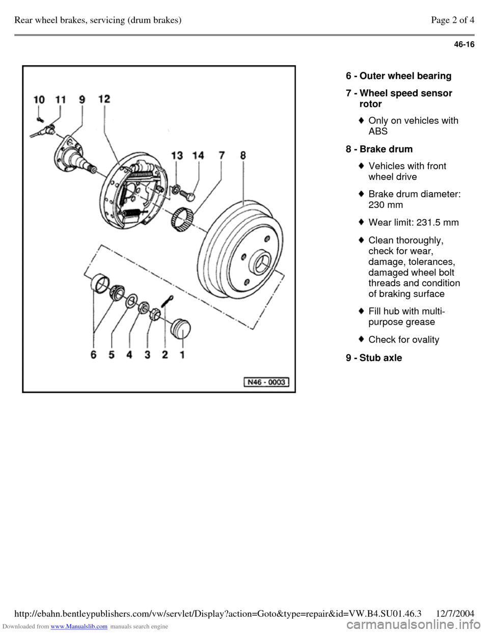 VOLKSWAGEN PASSAT 1996 B3, B4 / 3.G Service Workshop Manual Downloaded from www.Manualslib.com manuals search engine 46-16
   
6 - Outer wheel bearing 
7 - Wheel speed sensor 
rotor  Only on vehicles with 
ABS 
8 - Brake drum  Vehicles with front 
wheel drive 