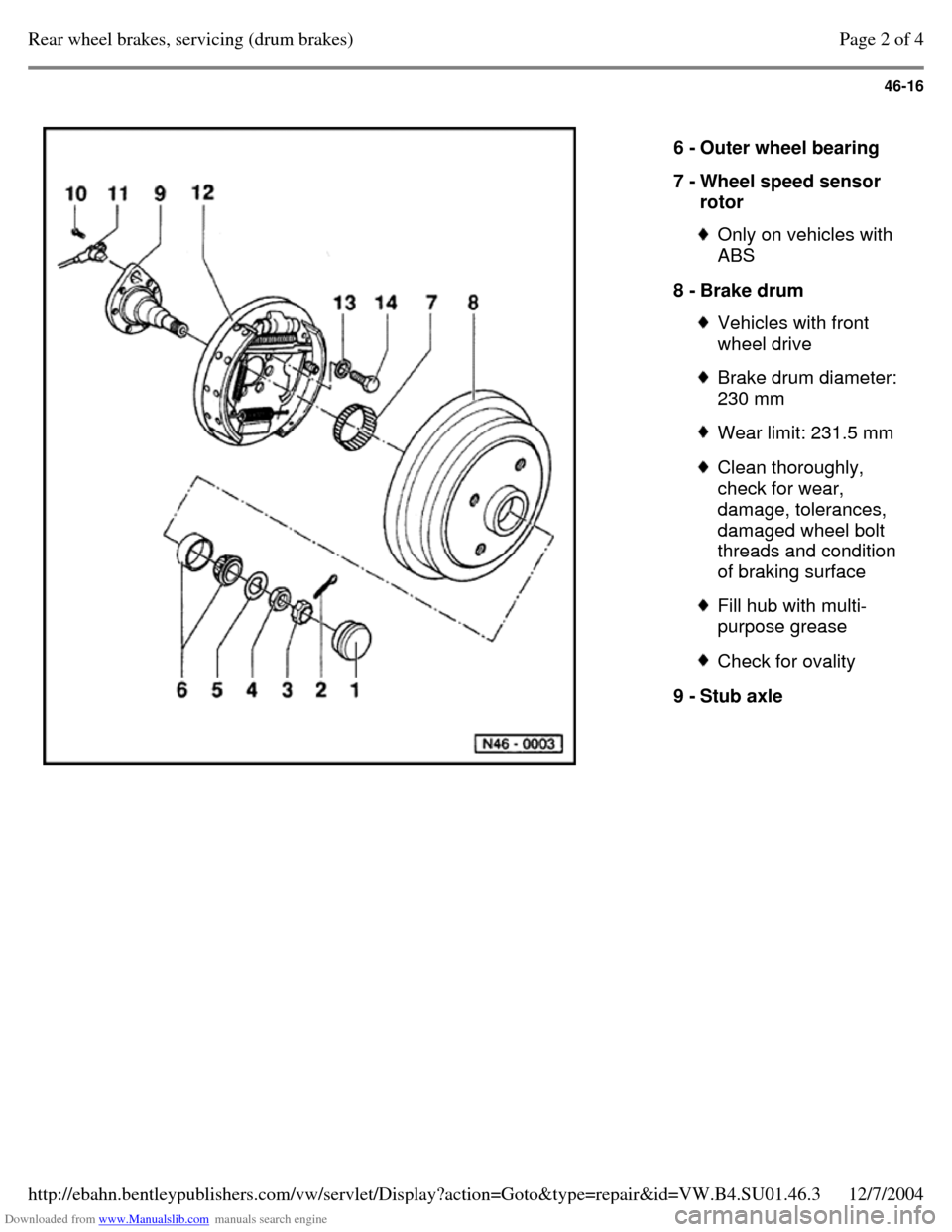 VOLKSWAGEN PASSAT 1995 B3, B4 / 3.G Service Owners Manual Downloaded from www.Manualslib.com manuals search engine 46-16
6 - Outer wheel bearing
7 - Wheel speed sensor
rotor Only on vehicles with
ABS
8 - Brake drum Vehicles with front
wheel drive VOLKSWAGEN PASSAT 1995 B3, B4 / 3.G Service Owners Manual Downloaded from www.Manualslib.com manuals search engine 46-16
6 - Outer wheel bearing
7 - Wheel speed sensor
rotor Only on vehicles with
ABS
8 - Brake drum Vehicles with front
wheel drive