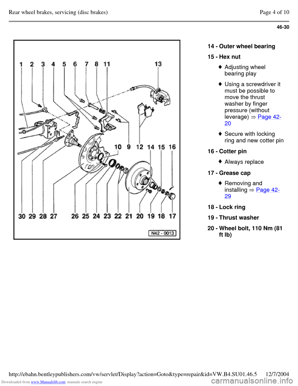 VOLKSWAGEN PASSAT 1995 B3, B4 / 3.G Service Workshop Manual Downloaded from www.Manualslib.com manuals search engine 46-30
   
14 - Outer wheel bearing 
15 - Hex nut  Adjusting wheel 
bearing play  Using a screwdriver it 
must be possible to 
move the thrust 
