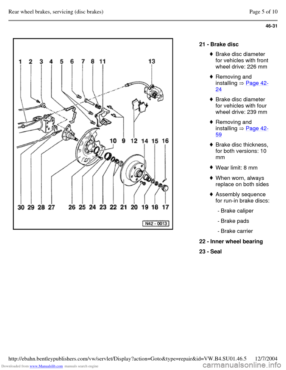 VOLKSWAGEN PASSAT 1995 B3, B4 / 3.G Service Workshop Manual Downloaded from www.Manualslib.com manuals search engine 46-31
   
21 - Brake disc  Brake disc diameter 
for vehicles with front 
wheel drive: 226 mm  Removing and 
installing  Page 42-24  Brake disc 