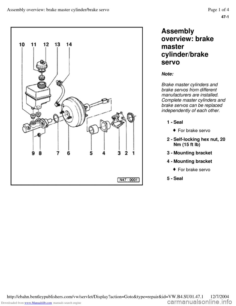 VOLKSWAGEN PASSAT 1995 B3, B4 / 3.G Service Workshop Manual Downloaded from www.Manualslib.com manuals search engine 47-1
   
Assembly 
overview: brake 
master 
cylinder/brake 
servo 
Note:  
Brake master cylinders and 
brake servos from different 
manufacture