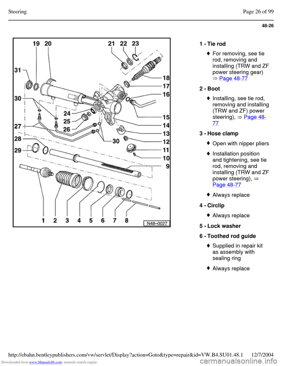 VOLKSWAGEN PASSAT 1995 B3, B4 / 3.G Service Workshop Manual Downloaded from www.Manualslib.com manuals search engine 48-26
1 - Tie rod For removing, see tie
rod, removing and installing (TRW and ZF power steering gear)
Page 48-77 2 - Boot Installing, VOLKSWAGEN PASSAT 1995 B3, B4 / 3.G Service Workshop Manual Downloaded from www.Manualslib.com manuals search engine 48-26
1 - Tie rod For removing, see tie
rod, removing and installing (TRW and ZF power steering gear)
Page 48-77 2 - Boot Installing,