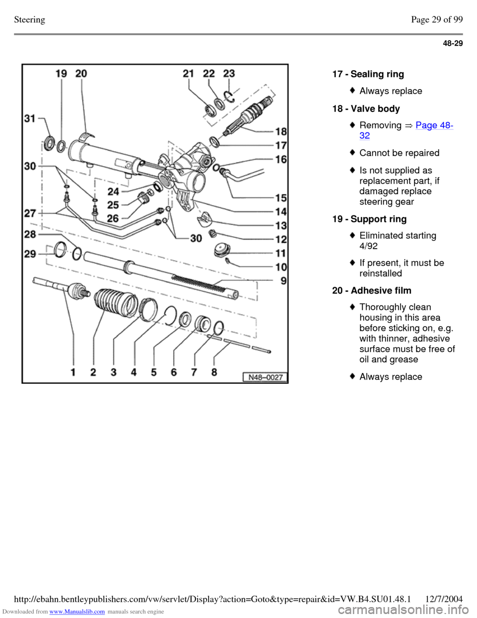 VOLKSWAGEN PASSAT 1995 B3, B4 / 3.G Service Workshop Manual Downloaded from www.Manualslib.com manuals search engine 48-29
17 - Sealing ring Always replace 18 - Valve body Removing Page 48-32 Cannot be repaired Is not supplied as
replacement part, if VOLKSWAGEN PASSAT 1995 B3, B4 / 3.G Service Workshop Manual Downloaded from www.Manualslib.com manuals search engine 48-29
17 - Sealing ring Always replace 18 - Valve body Removing Page 48-32 Cannot be repaired Is not supplied as
replacement part, if