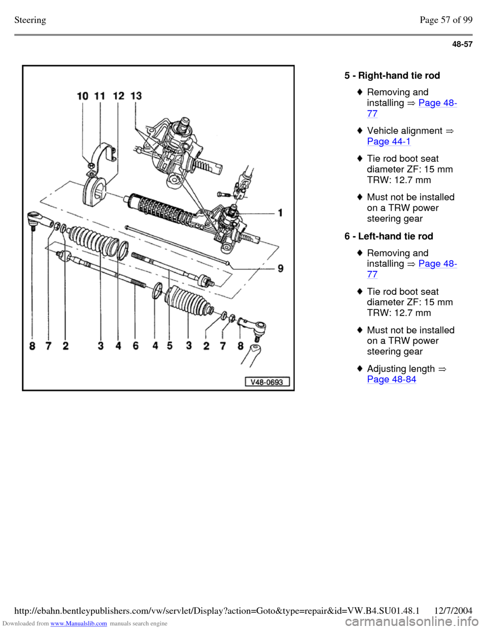 VOLKSWAGEN PASSAT 1997 B3, B4 / 3.G Service Workshop Manual Downloaded from www.Manualslib.com manuals search engine 48-57
   
5 - Right-hand tie rod  Removing and 
installing  Page 48-77  Vehicle alignment  
Page 44-1  Tie rod boot seat 
diameter ZF: 15 mm 
T