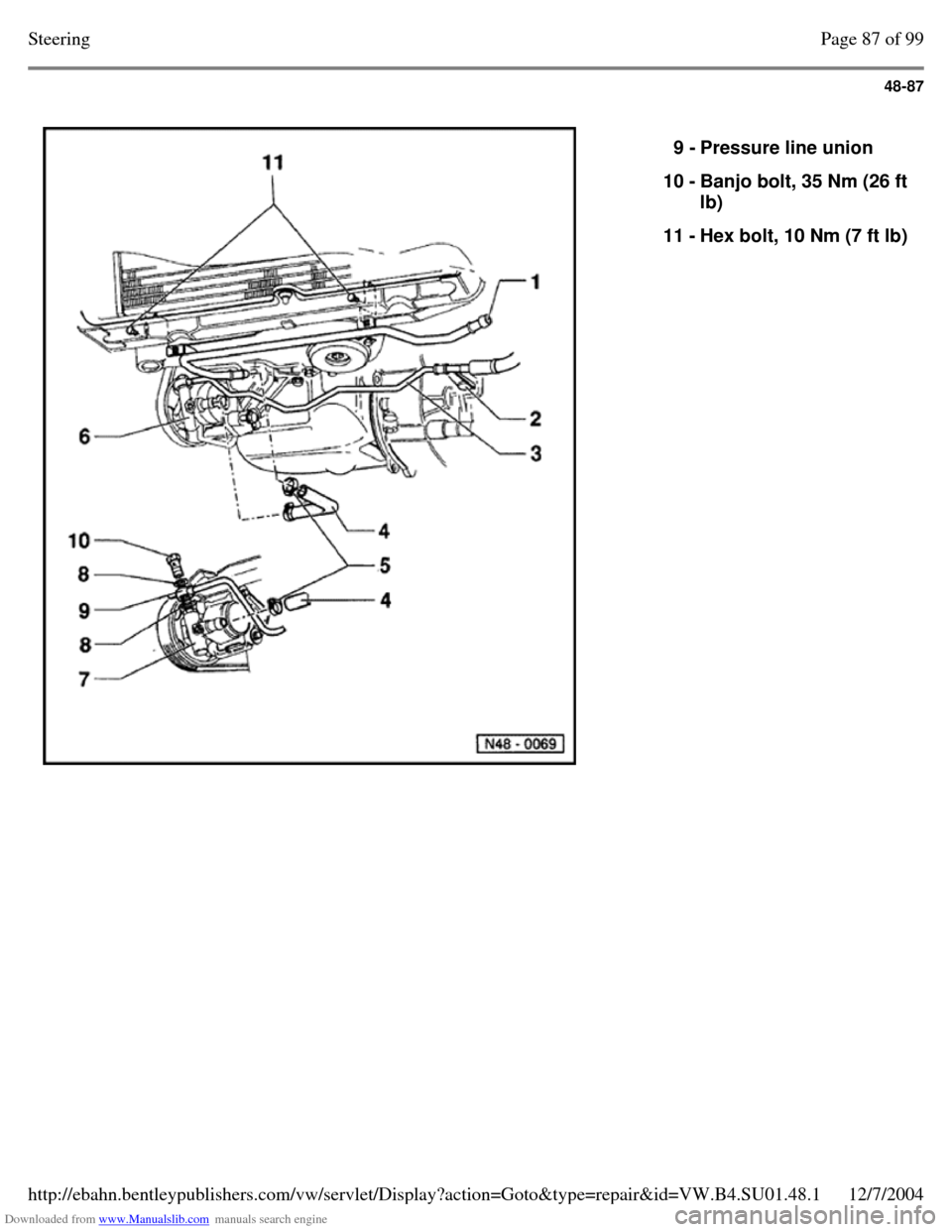 VOLKSWAGEN PASSAT 1995 B3, B4 / 3.G Service Workshop Manual Downloaded from www.Manualslib.com manuals search engine 48-87
   
9 - Pressure line union 
10 - Banjo bolt, 35 Nm (26 ft lb) 
11 - Hex bolt, 10 Nm (7 ft lb) Page 87 of 99Steering12/7/2004http://ebahn