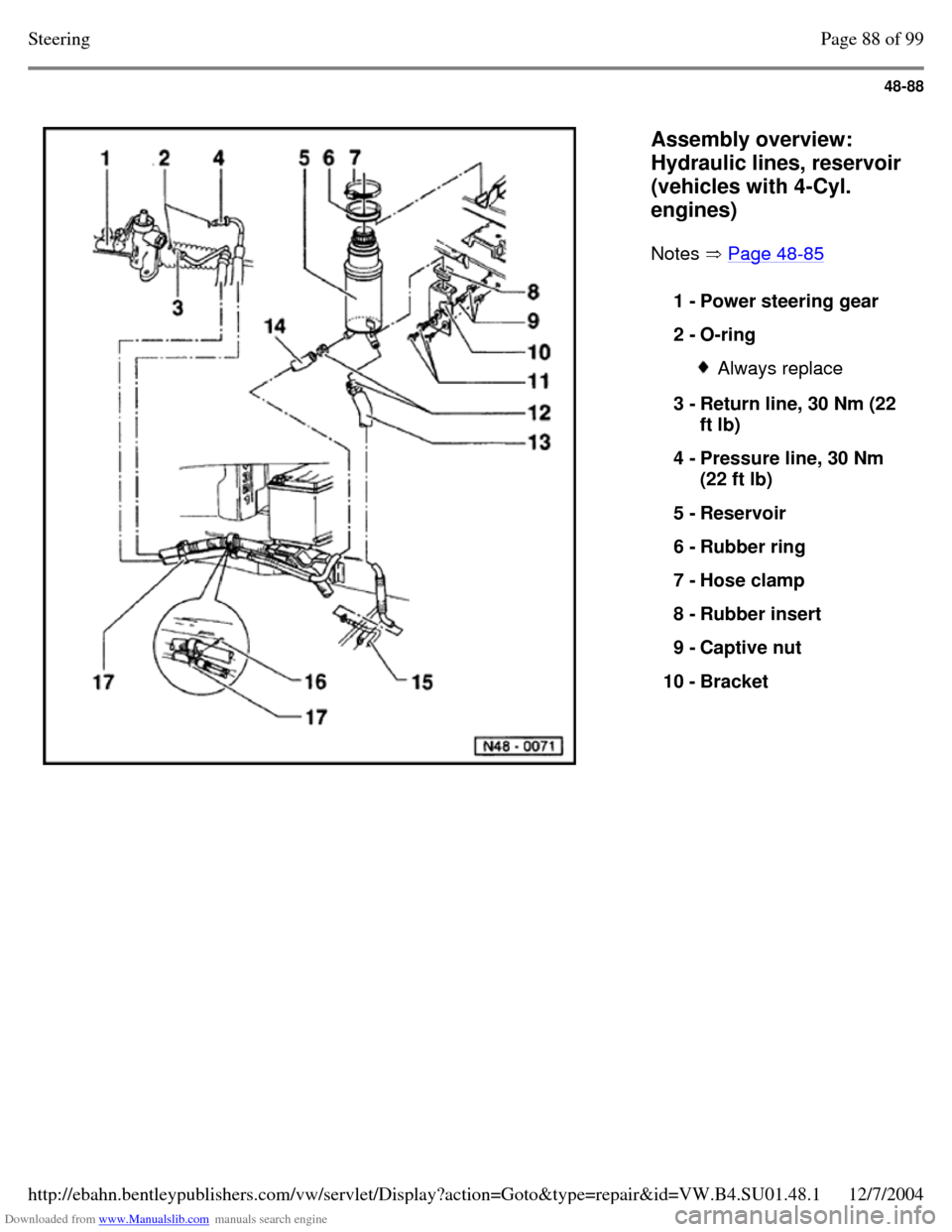 VOLKSWAGEN PASSAT 1995 B3, B4 / 3.G Service Workshop Manual Downloaded from www.Manualslib.com manuals search engine 48-88
   
Assembly overview: 
Hydraulic lines, reservoir 
(vehicles with 4-Cyl. 
engines)  
Notes  Page 48-85   1 - Power steering gear 
2 - O-