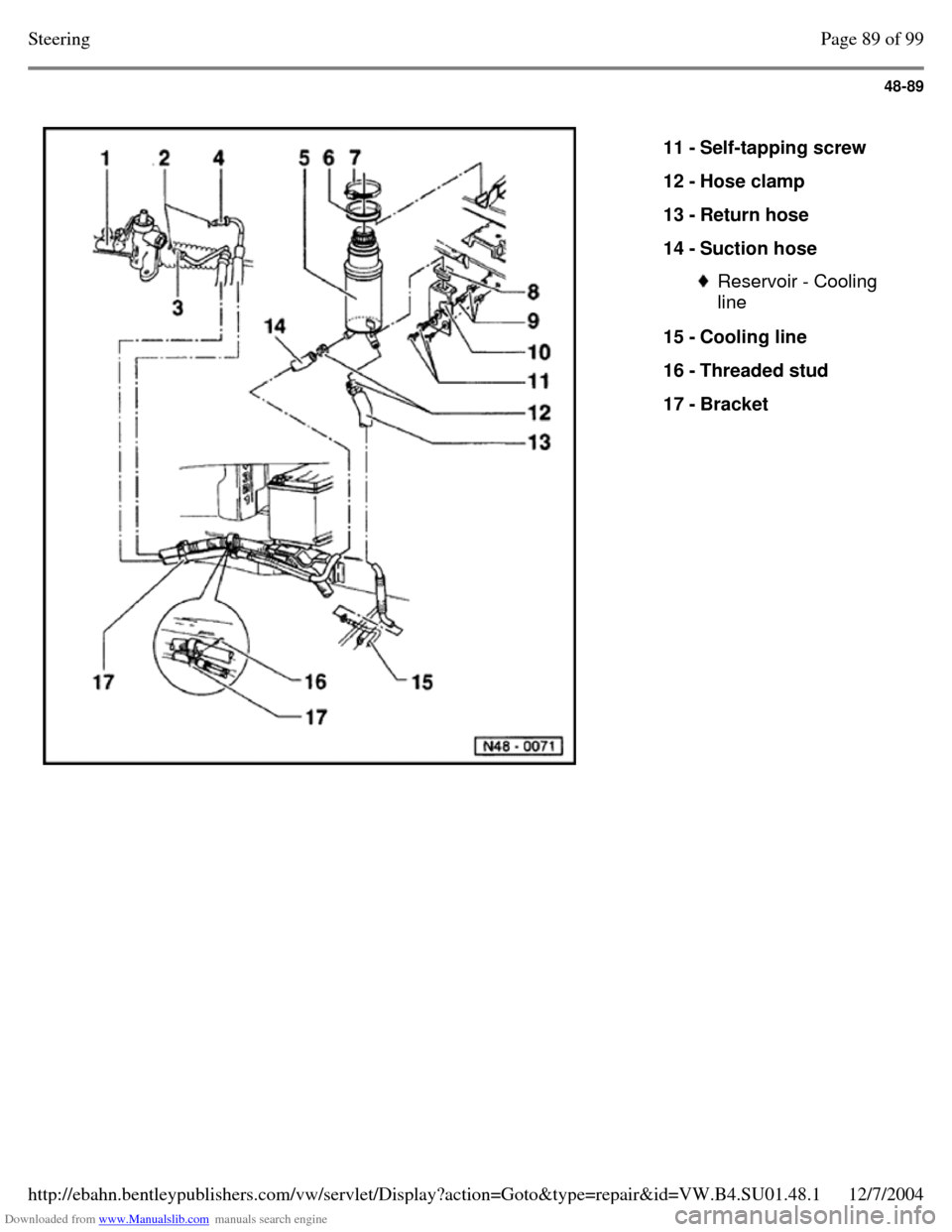 VOLKSWAGEN PASSAT 1995 B3, B4 / 3.G Service Workshop Manual Downloaded from www.Manualslib.com manuals search engine 48-89
   
11 - Self-tapping screw 
12 - Hose clamp 
13 - Return hose 
14 - Suction hose  Reservoir - Cooling 
line 
15 - Cooling line 
16 - Thr