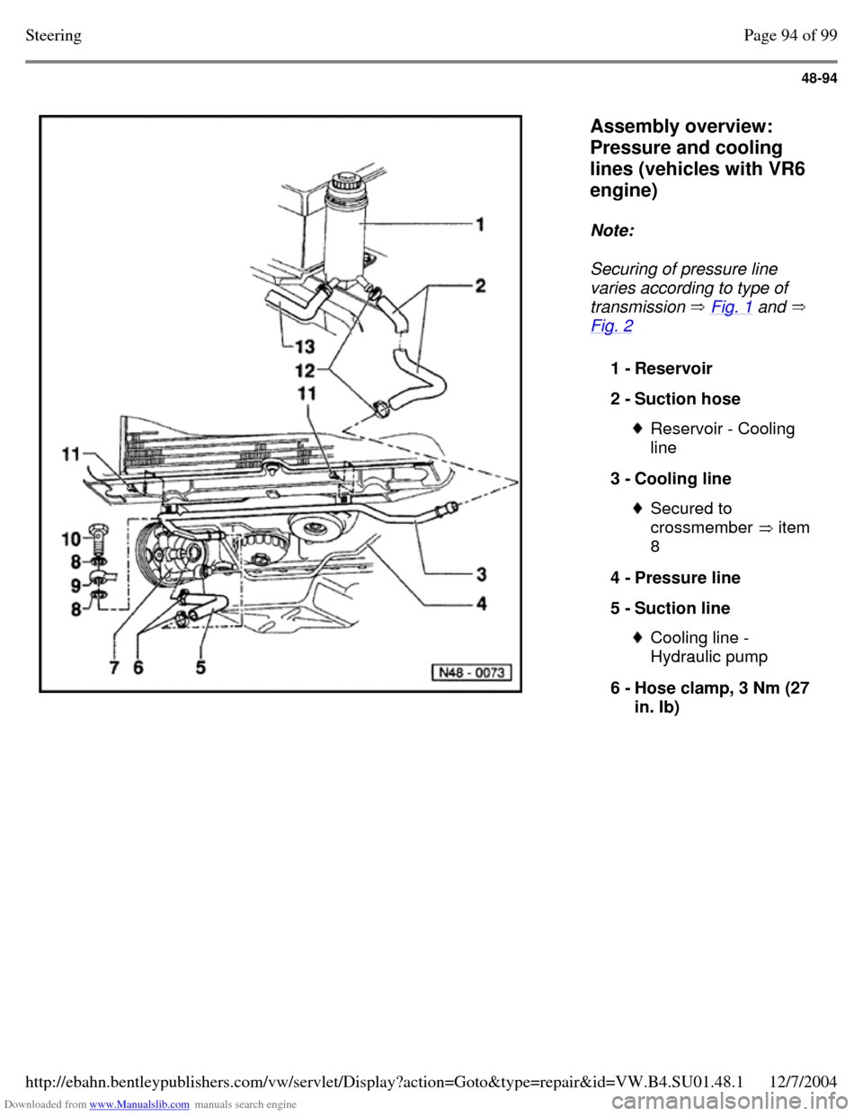 VOLKSWAGEN PASSAT 1995 B3, B4 / 3.G Service Workshop Manual Downloaded from www.Manualslib.com manuals search engine 48-94
   
Assembly overview: 
Pressure and cooling 
lines (vehicles with VR6 
engine)  
Note:  
Securing of pressure line 
varies according to 