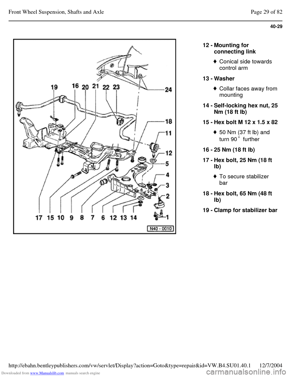 VOLKSWAGEN PASSAT 1996 B3, B4 / 3.G Service Service Manual Downloaded from www.Manualslib.com manuals search engine 40-29
   
12 - Mounting for 
connecting link  Conical side towards 
control arm 
13 - Washer  Collar faces away from mounting 
14 - Self-lockin