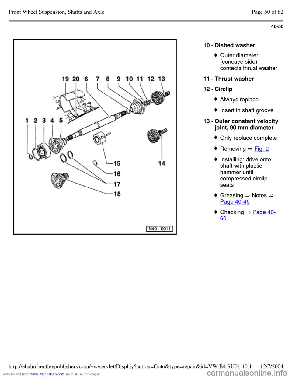 VOLKSWAGEN PASSAT 1995 B3, B4 / 3.G Service Repair Manual Downloaded from www.Manualslib.com manuals search engine 40-50
10 - Dished washer Outer diameter
(concave side)
contacts thrust washer
11 - Thrust washer
12 - Circlip Always replace Insert VOLKSWAGEN PASSAT 1995 B3, B4 / 3.G Service Repair Manual Downloaded from www.Manualslib.com manuals search engine 40-50
10 - Dished washer Outer diameter
(concave side)
contacts thrust washer
11 - Thrust washer
12 - Circlip Always replace Insert