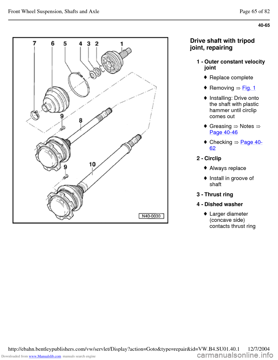 VOLKSWAGEN PASSAT 1995 B3, B4 / 3.G Service Manual PDF Downloaded from www.Manualslib.com manuals search engine 40-65
Drive shaft with tripod
joint, repairing
1 - Outer constant velocity joint Replace complete Removing Fig. 1 Installing: Drive VOLKSWAGEN PASSAT 1995 B3, B4 / 3.G Service Manual PDF Downloaded from www.Manualslib.com manuals search engine 40-65
Drive shaft with tripod
joint, repairing
1 - Outer constant velocity joint Replace complete Removing Fig. 1 Installing: Drive