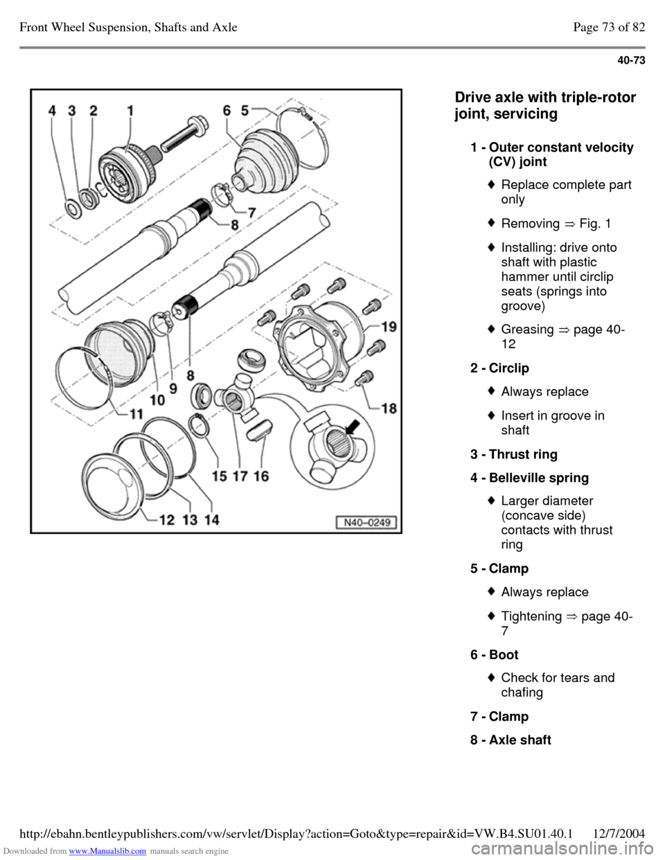 VOLKSWAGEN PASSAT 1997 B3, B4 / 3.G Service Manual Online Downloaded from www.Manualslib.com manuals search engine 40-73
   
Drive axle with triple-rotor 
joint, servicing  
1 - Outer constant velocity (CV) joint  Replace complete part 
only  Removing  Fig. 