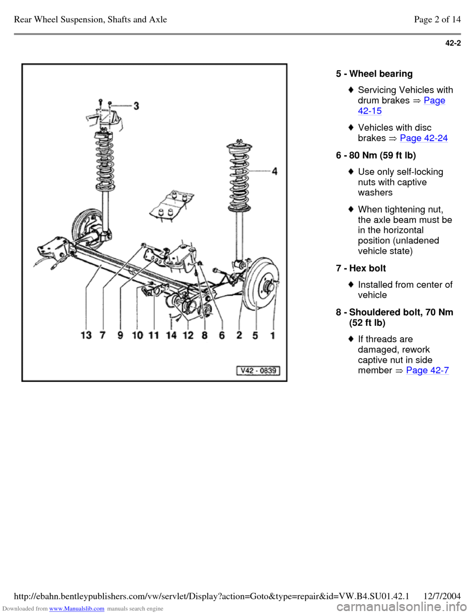 VOLKSWAGEN PASSAT 1995 B3, B4 / 3.G Service Owners Manual Downloaded from www.Manualslib.com manuals search engine 42-2
   
5 - Wheel bearing  Servicing Vehicles with drum brakes  Page 42-15  Vehicles with disc 
brakes  Page 42-24 6 - 80 Nm (59 ft lb)  Use o